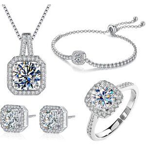 Women 4Pieces Cubic Zirconia Jewellery Set Rhinestone Necklace Earrings Bracelet